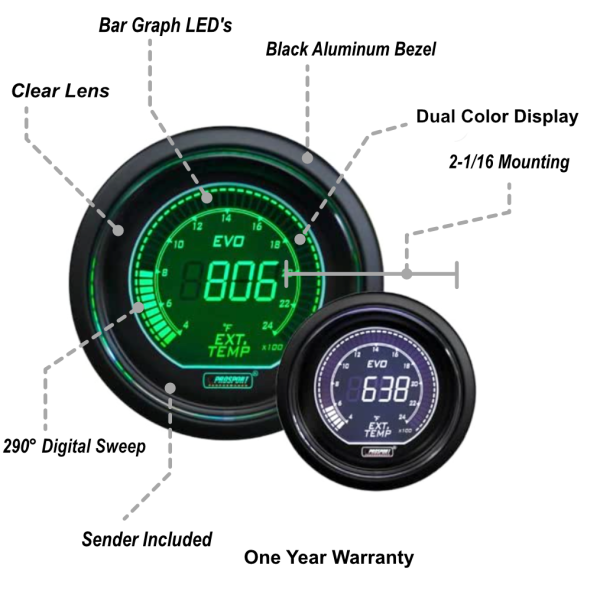 2-1 16  Evo Electrical Green and White Exhaust Gas Temperature Gauge- Fashion