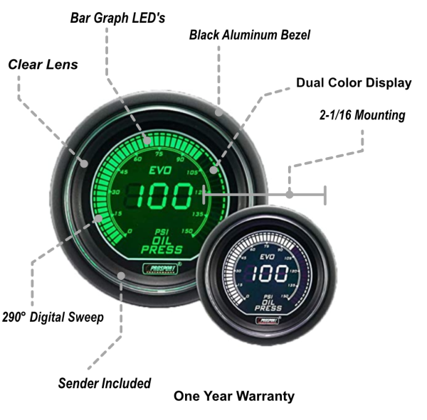 2-1 16  Evo Electrical Green White Oil Pressure Gauge- Online