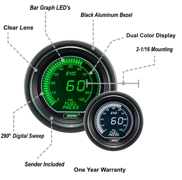 2-1 16  Evo Electrical White and Green Fuel Pressure Gauge Fashion