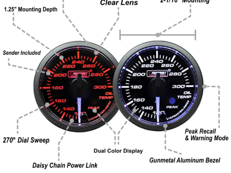 2-1 16  Premium White pointer Clear Lens Amber White Oil Temperature Gauge- Online now